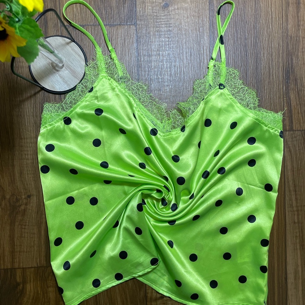 **BRAND NEW COTTON ON Lime Green and Blk Polka Dot Cami** SZ L